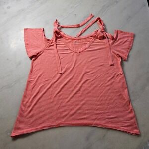 a.n.a Women's‎ Striped Cold Shoulder Tie Strap V-Neck T-Shirt Top Large